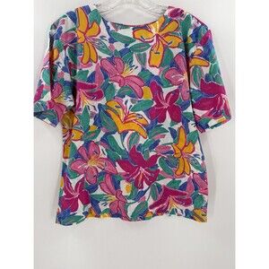 Vintage 1980s Ken Done Floral Tropical Shirt Blouse Art To Wear All Cotton LARGE